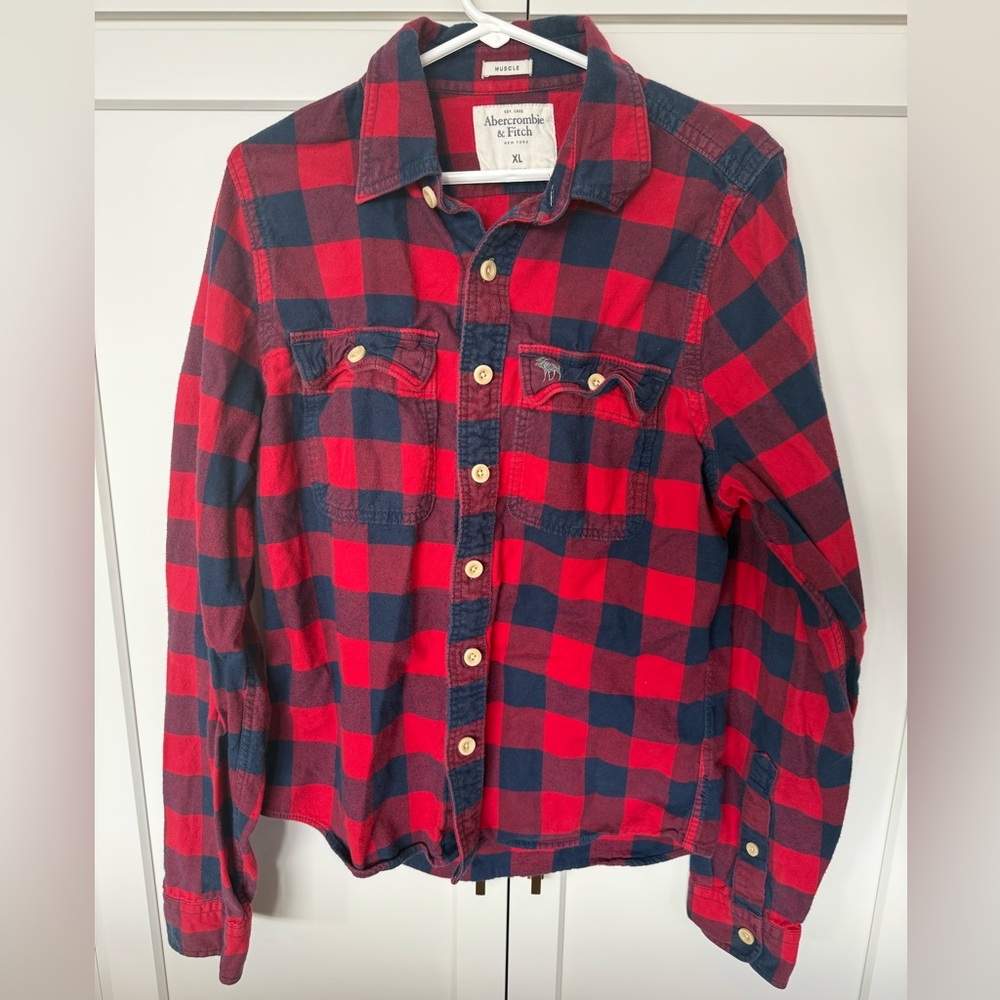 Abercrombie & Fitch Red and Navy Check Flannel Shirt